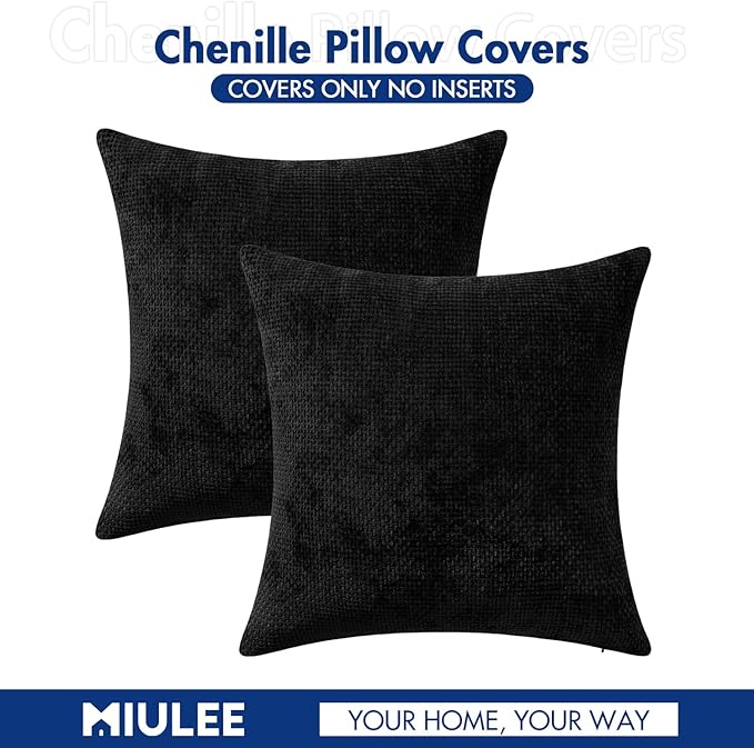 MIULEE Pack of 2 Lumbar Couch Throw Pillow Covers 20x12 Inch Black Modern Boho Accent Decorative Pillow Covers Soft Chenille Farmhouse Cushion Covers for Home Decor Bed Sofa Living Room