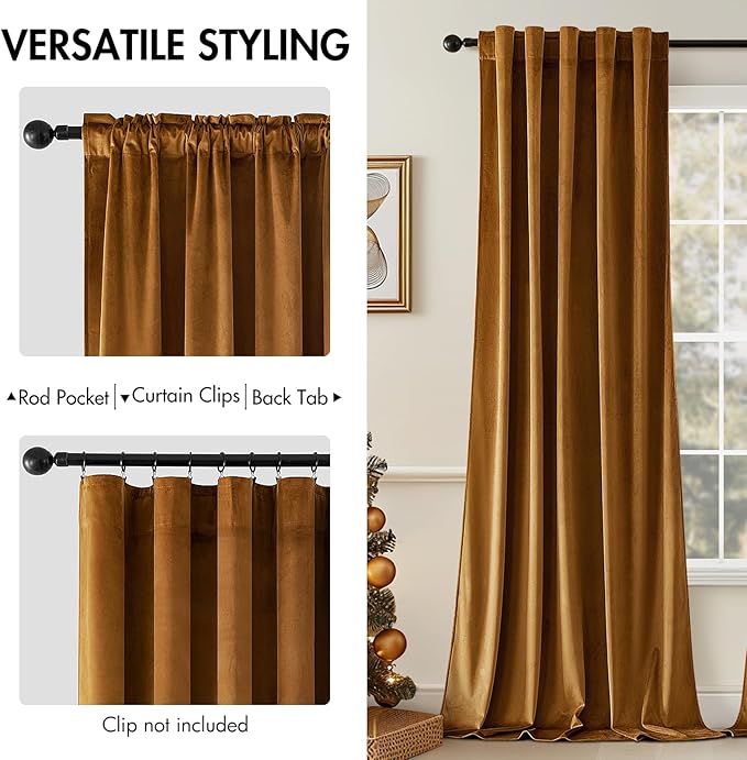 MIULEE Velvet Curtains 72 inches - Luxury Blackout Curtains for Bedroom Living Room Thermal Insulated Super Soft Window Drapes Rod Pocket & Back Tab, Gold Brown, W52 x L72 inches, 2 Panels