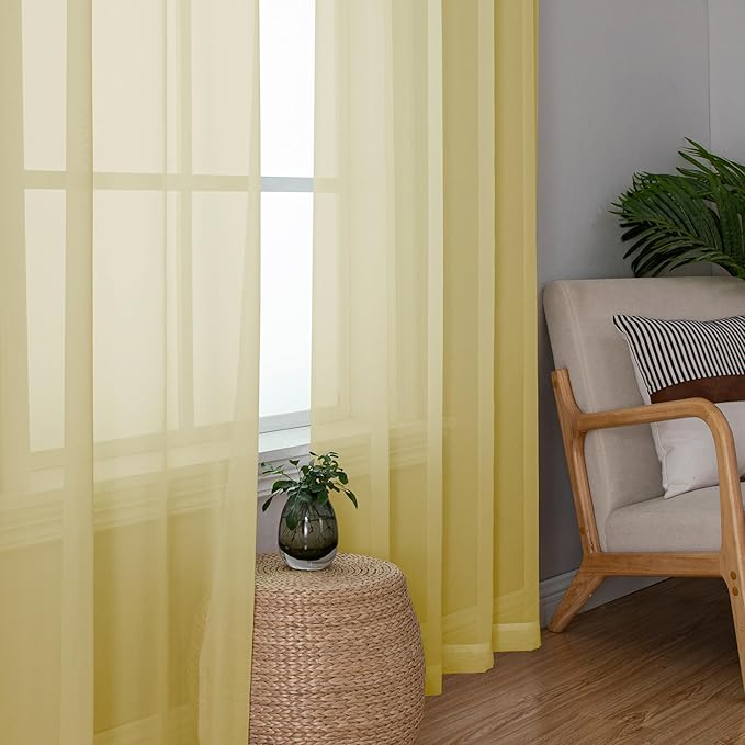 Simplebrand Yellow Short Sheer Kitchen Cafe Curtains 36 x 42 Inch, 2 Panels - Tier Curtains Rod Pocket Drapes for Bathroom, Small Windows