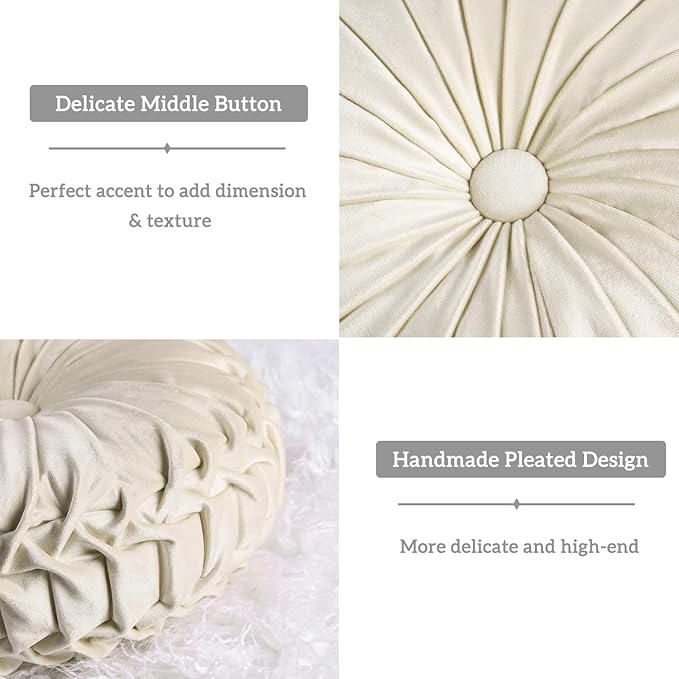 HIG Set of 2 Decorative Round Pleated Throw Pillows,Classy Accent Pumpkin Throw Pillows with Center Button,Vintage Velvet Floor Pillows for Sofa Vanity Chair Bed, Beige,14.5" Diameter(Ripple)