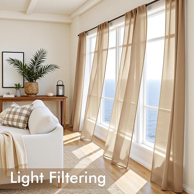 MIULEE Brown Sheer Curtains 96 Inches Long, 4 Panels Set, Rod Pocket Voile Drapes Light Filtering and Semi Transparent, Elegant Window Treatments for Bedroom Living Room,54 x 96 Inches