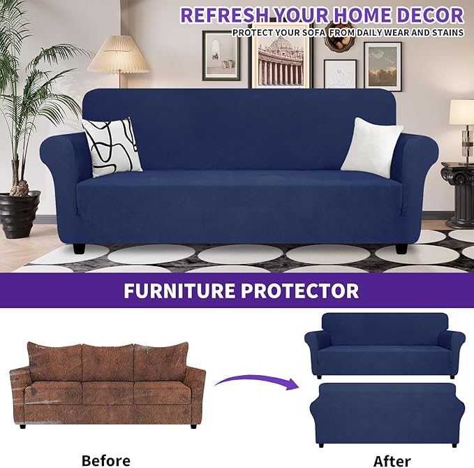 ZNSAYOTX Super Stretch Couch Cover (72"-92"), New Striped Sofa Covers Fitted Slipcovers with Elastic Bottom, Dog Cat Pets Proof Spandex Fabric Comfortable & Durable (Navy Blue, Sofa)
