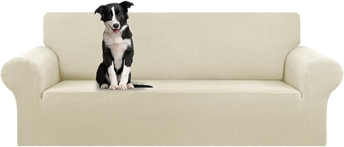 KEKUOU Stretch Oversized Sofa Slipcover 1 Piece Couch Sofa Cover (94"-110") Furniture Protector 4 Seater Sofa with Elastic Bottom for Kids,Pet.Jacquard Checked Pattern Fabric(X Large,Beige)