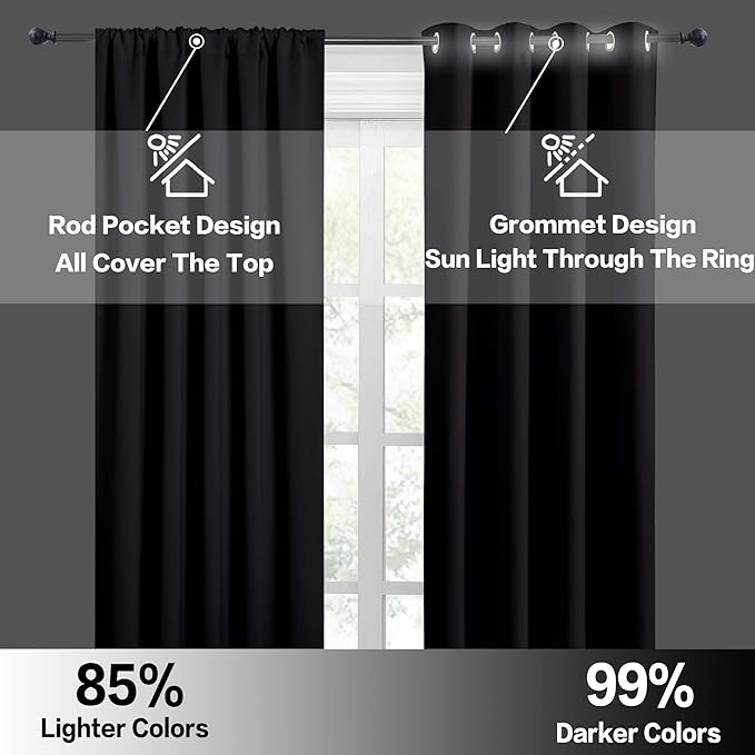 RYB HOME Bedroom Blackout Curtains 45 inches Length - Black Curtains Light UV Block Insulated Energy Saving Drapes for Bedroom Dining Living Room, 42 x 45 inches Long, Black, Set of 2