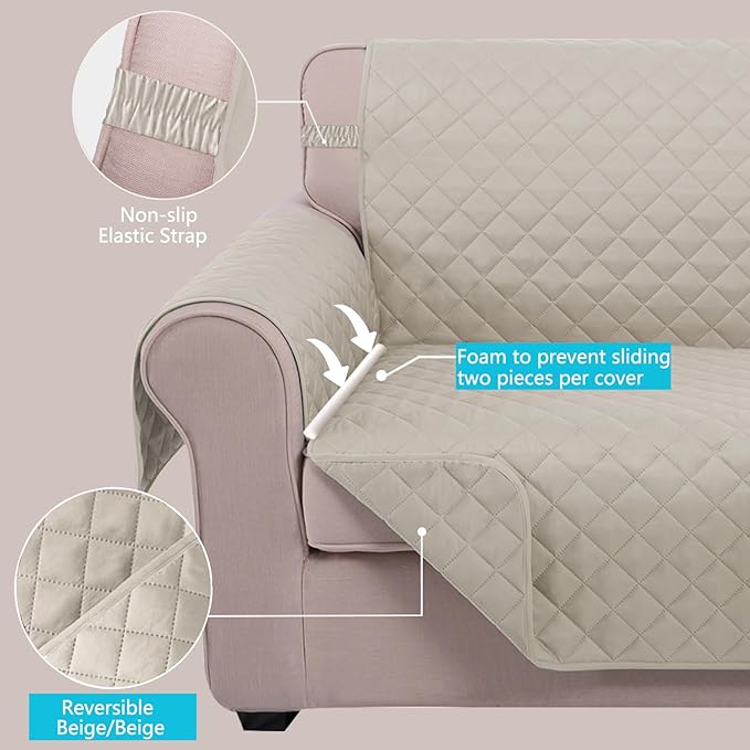 U-NICE HOME Recliner Chair Covers Reversible Quilted Water Repellent Pet Protectors with Elastic Straps (23''Recliner Small, Beige/Beige)