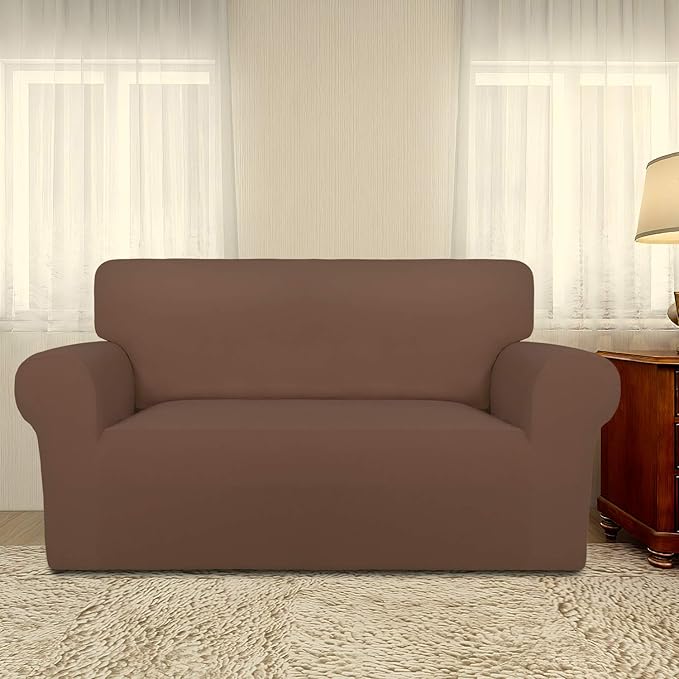 PureFit Super Stretch Sofa Slipcover – Spandex Non Slip Soft Couch Sofa Cover, Washable Furniture Protector with Non Skid Foam and Elastic Bottom for Kids, Pets （Loveseat, Brown）