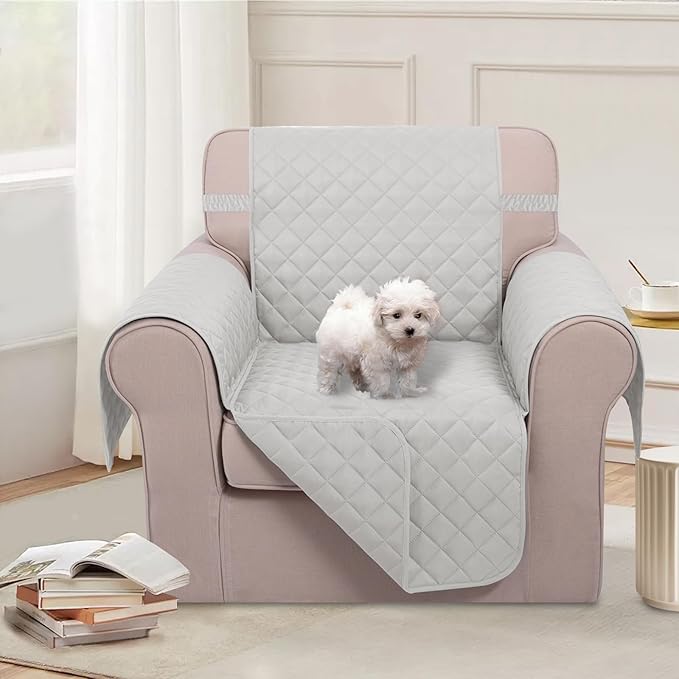 U-NICE HOME Reversible Oversized Chair Covers Quilted Water Repellent Pet Protectors with Elastic Straps(28''Armchair, Light Grey/Light Grey)
