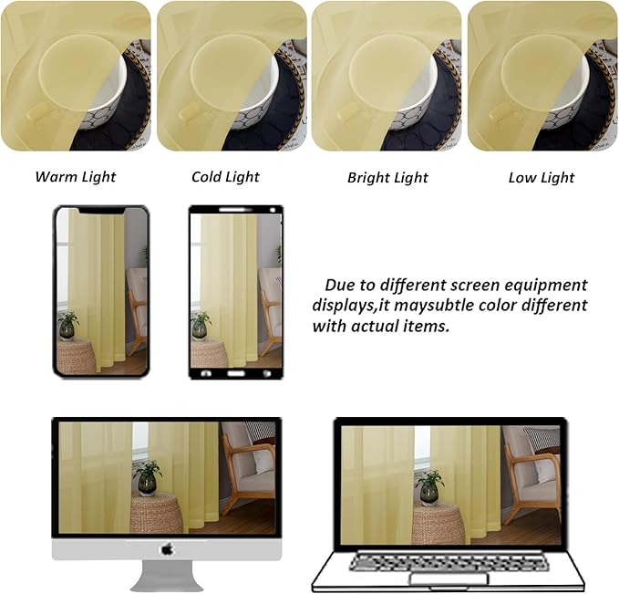 Chyhomenyc Mustard Yellow Sheer Valances for Windows - Light Filtering Small Kitchen Curtains, Short Top Window Treatment Decor for Living Room Bathroom Basement, 42Wx14L inches, 2 Pack
