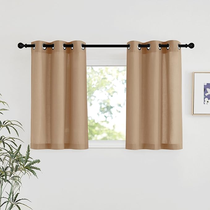 NICETOWN Camel Linen Kitchen Window Curtains Over Sink, Grommet Thick Linen Camel Short Window Treatments Privacy Assured with Light Filtering for Bedroom/Bathroom, W34 x L36, 2 Panels