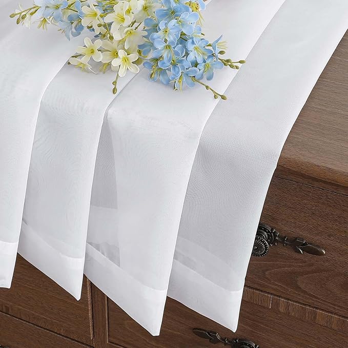 White Small Sheer Curtains 2 Panels Set, Kitchen Curtains 24 Inch Length, Elegant Light Filtering Short Window Drapes for Living Room Bedroom, Dual Rod Pocket Design, 2x42Wx24L Inches