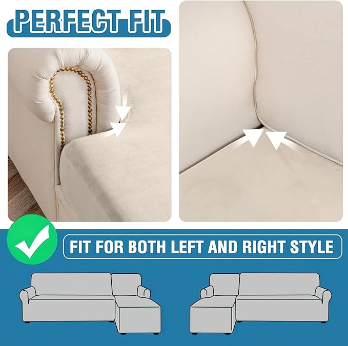 Couch Cover Velvet Chaise Cushion Cover for Sectional Sofas - Elastic L-Shaped Sofa Seat Covers Washable, Slipcover Protector (1-Piece, Cream)