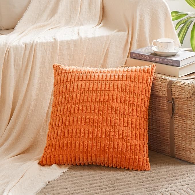 Fancy Homi 4 Packs Orange Fall Decorative Throw Pillow Covers 24x24 Inch for Couch Living Room Bed Sofa, Halloween Pumpkin Autumn Home Decor, Soft Cute Plush Corduroy Striped Cushion Case 60x60 CM