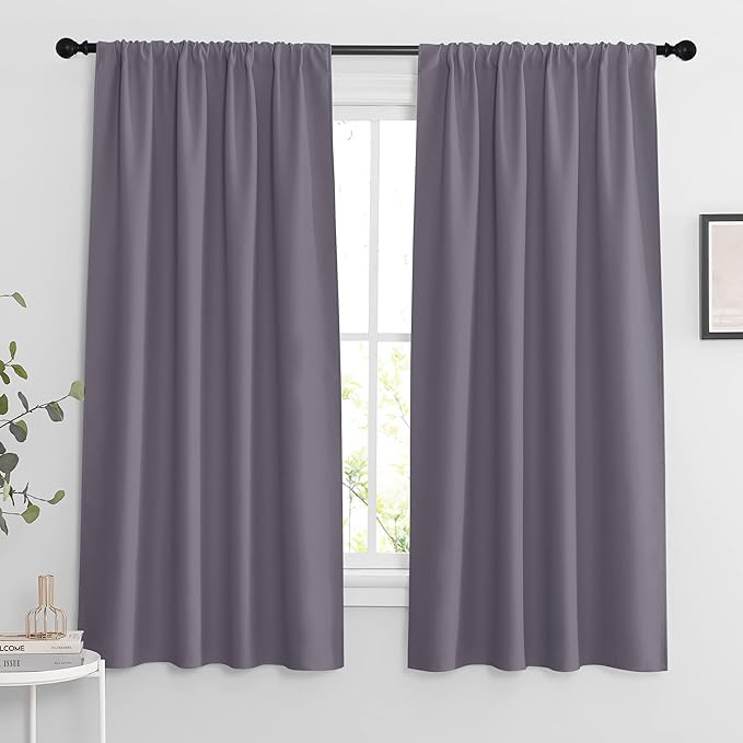 RYB HOME Blackout Curtains for Bedroom Living Room 63 inches Long, Thermal Insulated Privacy Rod Pocket Drapes for Nursery Office Home Theater, Width 42 by Length 63, Greyish Purple, 2 Panels