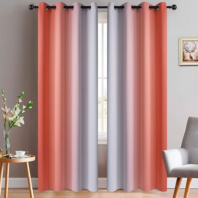 Yakamok Light Blocking Ombre Curtains, Greyish White and Coral Gradient Color Curtains with Grommet,Room Darkening Window Drapes for Bedroom (52x84 Inch, 2 Panels)