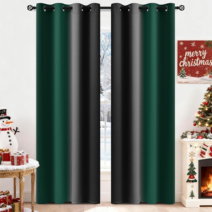 Yakamok Blackout Ombre Dark Green and Black Curtains-Gradient Room Darkening Curtain, Grommet Thermal Insulated Light Blocking Window Drapes Curtain for Living Room Bedroom,52 x 84 Inch,2 Panels