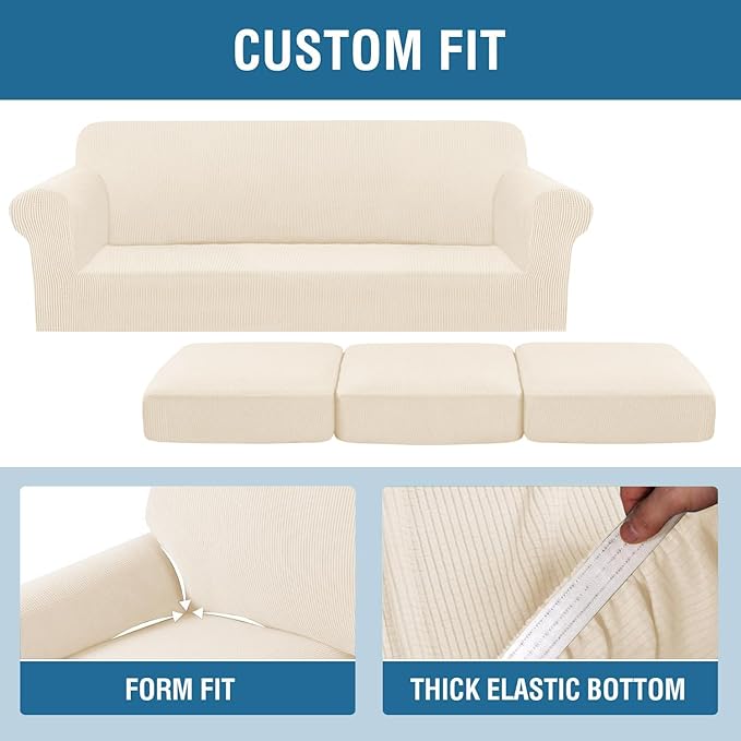 H.VERSAILTEX 4 Piece Stretch Sofa Covers for 3 Cushion Couch Covers for Living Room Furniture (Base Cover Plus 3 Seat Cushion Covers) Upgraded Thicker Jacquard Fabric (Sofa, Cream)