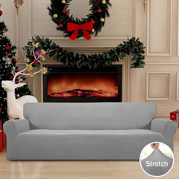Easy-Going Stretch 4 Seater Sofa Slipcover 1-Piece Sofa Cover Furniture Protector Couch Soft with Elastic Bottom for Kids, Polyester Spandex Jacquard Fabric Small Checks Light Gray