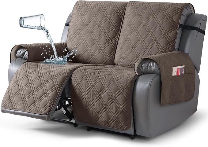 TAOCOCO 100% Waterproof Recliner Loveseat Cover Non Slip Couch Cover for 2 Seat Reclining Sofa, Split Reclining Loveseat Covers 2-Piece with Straps for Kids Pets(2 Seater, Taupe)