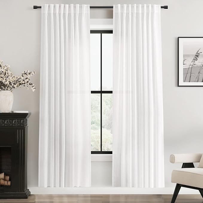 White Linen Curtains 72 inch Long 2 Panel Set for Living Room Back Tab Semi Sheer Light Filtering Bedroom Window Curtain 72 inch Length Cotton Textured Modern Elegant Coastal Drapes 60x72