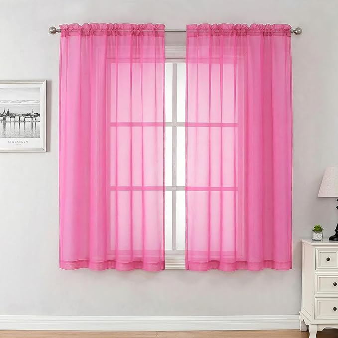 Aiyufeng Hot Pink Sheer Curtains 63 Inch Length 2 Panels Set for Living Room, Light Filtering Hot Pink Window Sheers Drapes for Bedroom, Each 42" W x 63" L