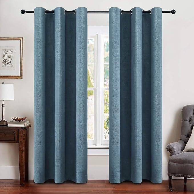 MIULEE Linen Blackout Curtains and Drapes 100% Room Darken Thermal Insulated Grommet Window Panels with Coating 2 PCs W 42 x L 90 inches Dusty Blue