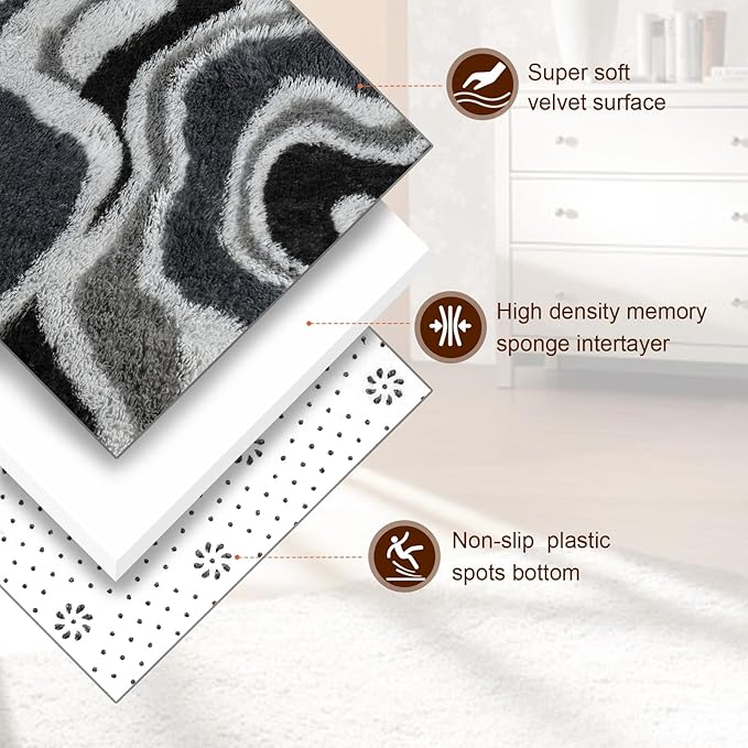 TWINNIS Super Soft Shaggy Rugs Fluffy Carpets, 4x5.9 Feet, Indoor Modern Plush Area Rugs for Living Room Bedroom Kids Room Nursery Home Decor, Upgrade Anti-Skid Rectangular Fuzzy Rug, Grey Black