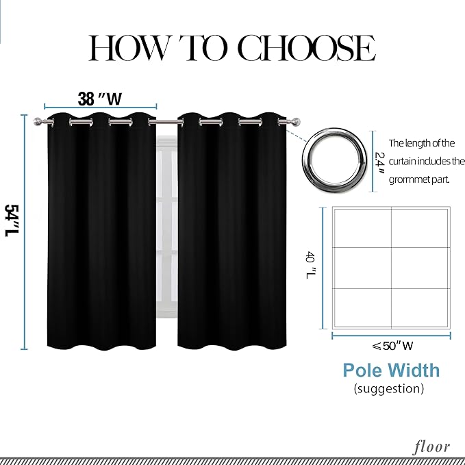 LEMOMO Black Blackout Curtains/38 x 54 Inch/Set of Two Panels Grommet Living Room Curtains