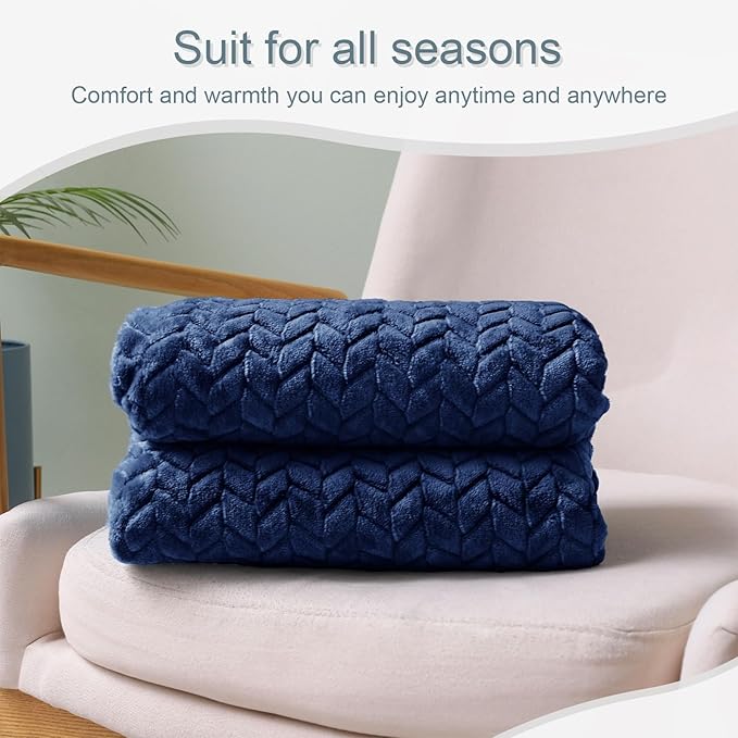 Exclusivo Mezcla Fleece Throw Blanket for Couch and Bed, 50x70 Inches Soft Cozy Jacquard Flannel Blankets, Lightweight Fuzzy Plush Warm Throws for Women, Navy Blue