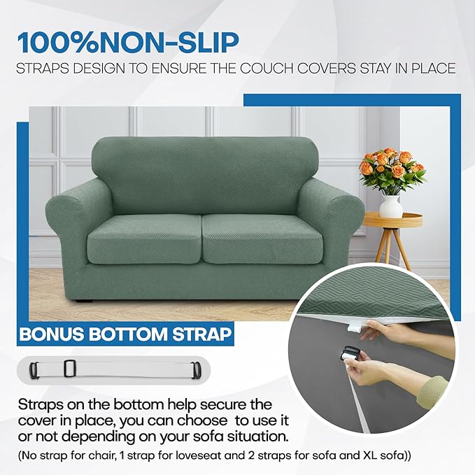 XINEAGE New 4 Pieces Couch Covers for 3 Cushion Couch Super Stretch Thick Soft Sofa Cover Anti Slip Sofa Slipcover Dogs Cats Furniture Protector (Pea Green, 71"-91")