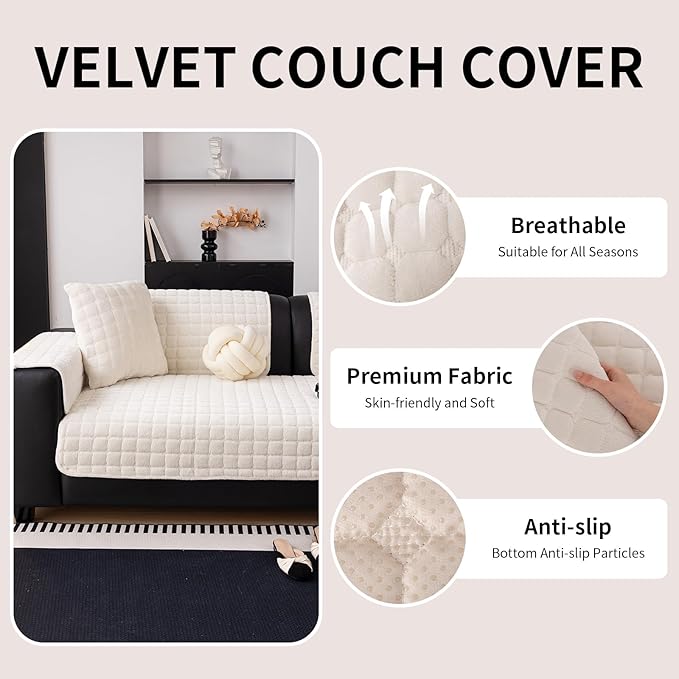 Velvet Couch Cover, Washable Sectional Sofa Cover, Anti Slip Sofa Slipcover for 3 Cushion Couch Sofa L Shaped Armrest Backrest, Furniture Protector Covers for Pets Kids(White, Only 1 PCS)