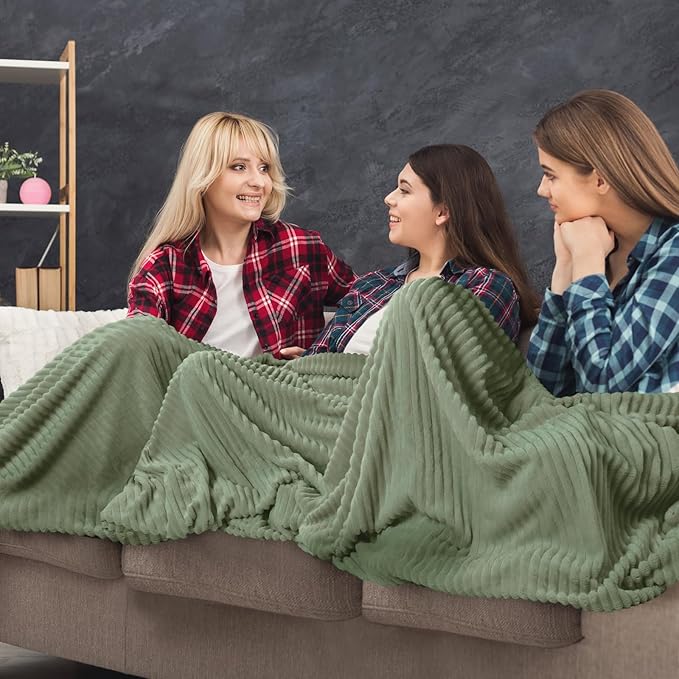 Buryeah 12 Pcs Flannel Throw Blanket Bulk 50 x 60 Inch Wedding Throw Blanket Soft Lightweight Winter Blankets with Striped Ribbed for Sofa Room Couch Donation Homeless Gifts (Sage Green)