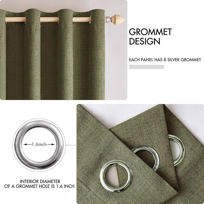 MIULEE Linen Texture Curtains for Bedroom Solid 100% Blackout Thermal Insulated Light Olive Green Curtains Grommet Room Darkening Drapes for Living Room Nursery 52x84 Inch (2 Panels)