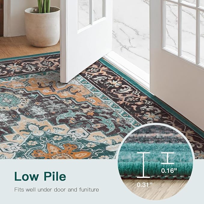Lofus 5x7 Area Rugs for Living Room, Washable Area Rug, Rugs for Bedroom, Kitchen, Vintage Boho Carpet, Soft Non-Slip, Low Pile Large Area Rug for Office Dining Room, Floral Green