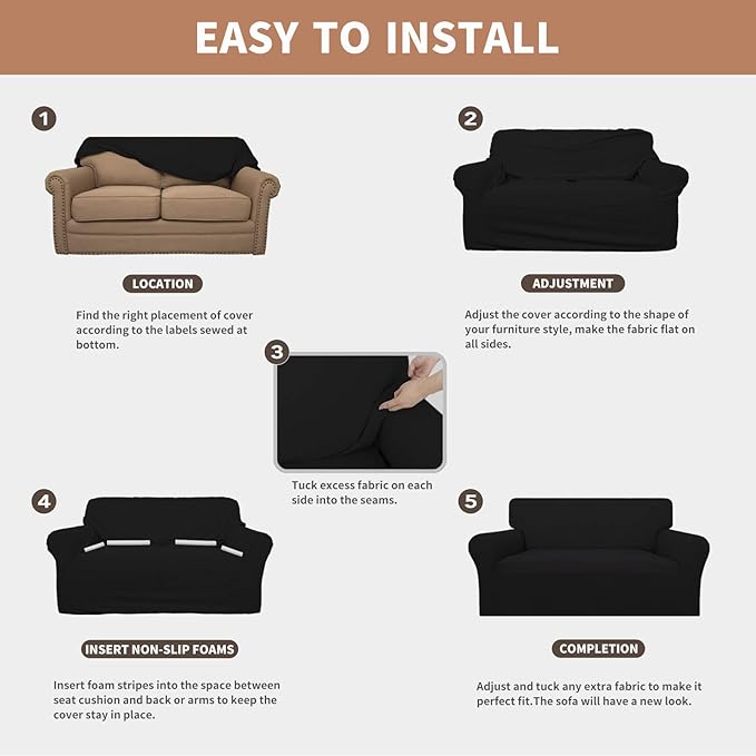 Easy-Going 100% Waterproof Loveseat Couch Cover, Dual Waterproof Sofa Cover, Stretch Jacquard Sofa Slipcover, Leakproof Furniture Protector for Kids, Pets, Dog and Cat (Loveseat, Black)
