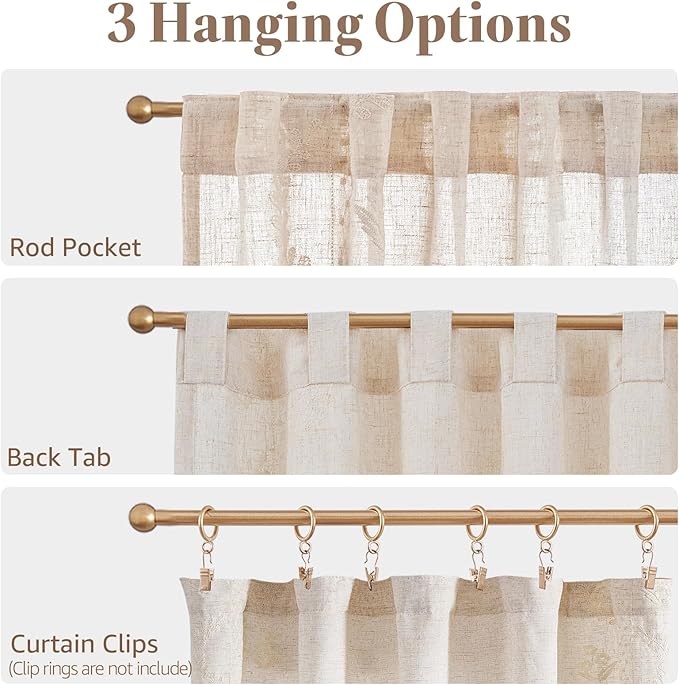 jinchan Belrose Linen Floral Cafe Curtains 45 Inch Length Embroidered Farmhouse Curtains for Kitchen Bedroom Bathroom Small Windows Curtain Set Light Filtering 2 Panels Ivory