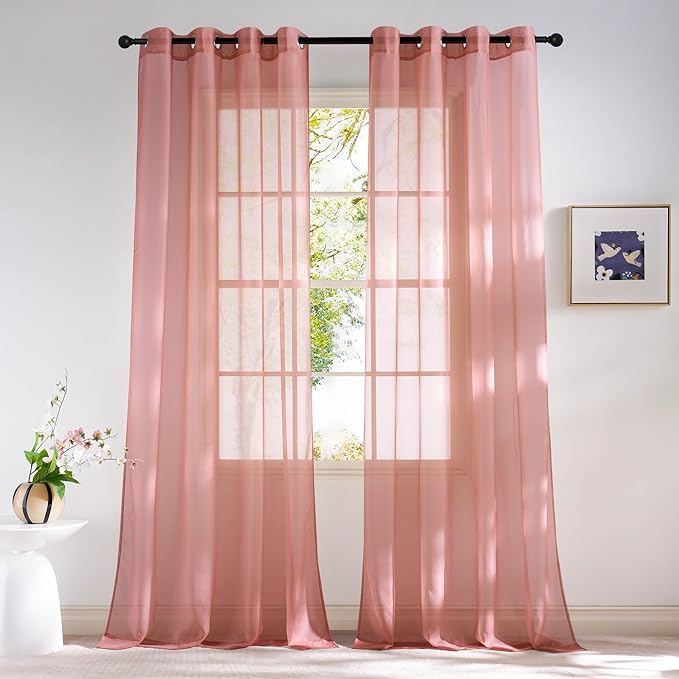 NICETOWN Living Room Coral Pink Sheer Curtains 96 inch Length, Grommet Airy Voile Sheer Drapes Casual Light Filtering Window Treatments for Girls Room, W54 x L96, 2 Panels
