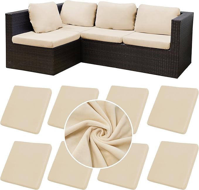 8Pcs Stretch Velvet Patio Cushion Cover,Fluffy,for Fall Outdoor Couch Cushion Cover Replacement,Washable Indoor Outdoor Cushion Slipcovers(Beige,Cover Only)