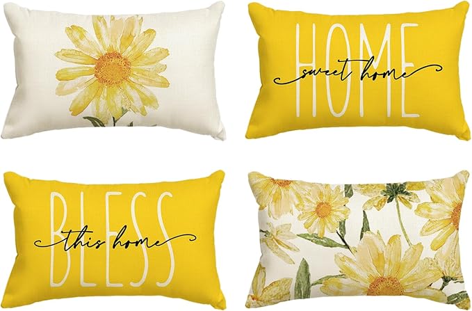 AVOIN colorlife Home Sweet Home Spring Summer Flowers Yellow Throw Pillow Covers, 12 x 20 Inch Cushion Case for Sofa Couch Set of 4