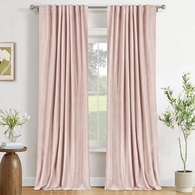 100% Blackout Shield Light Pink Linen Blackout Curtains for Bedroom 84 Inches Long, Back Tab/Rod Pocket Living Room Drapes, Thermal Insulated Blackout Curtains 2 Panels Set, 50" W x 84" L