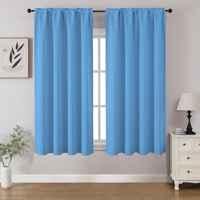 CUCRAF Light Blue Blackout Curtains 45 inch Length 2 Panels Set, Rod Pocket Room Darkening Drapes for Bedroom Living Room, Insulated Thermal Light Blocking Window Curtain (W52 x L45 Inch)