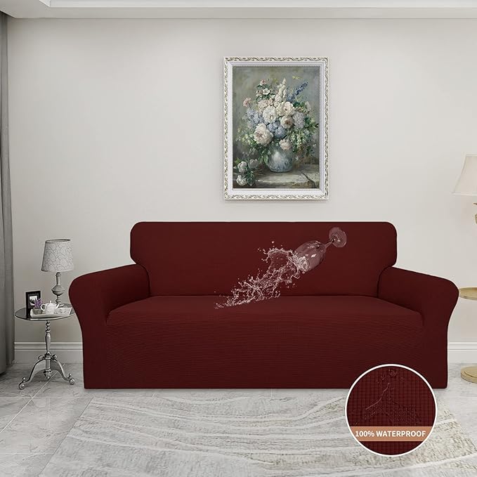 Easy-Going 100% Waterproof Couch Cover, Dual Waterproof Sofa Cover, Stretch Jacquard Sofa Slipcover, Leakproof Furniture Protector for Kids, Pets, Dog and Cat (Oversized Sofa, Wine)