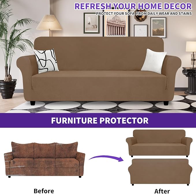 ZNSAYOTX Oversized Super Stretch Couch Cover (92"-115"), New Striped Sofa Covers Comfortable & Durable, Dog Cat Pets Friendly Extra Large Spandex Sofa Slipcovers (Light Coffee, XL Sofa)