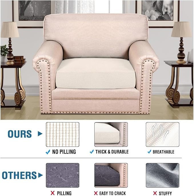 H.VERSAILTEX Super Stretch Individual Seat Cushion Covers Sofa Covers Couch Cushion Covers Slipcover Sets Thick Jacquard Textured Twill Fabric (1 Piece Chair Cushion Cover, Porcelain White)