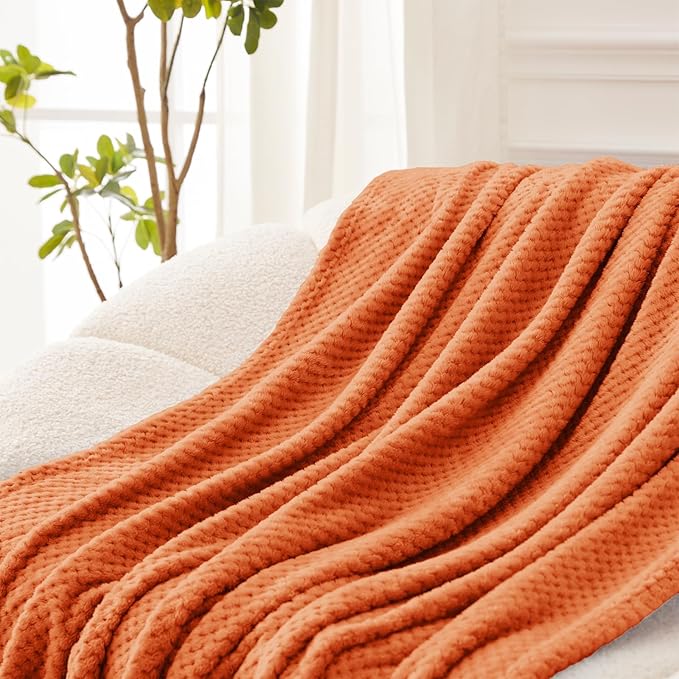 Exclusivo Mezcla Fleece Bed Blanket Queen Size, Super Soft and Warm Blankets for Couch, Sofa and Bed Waffle Textured, Cozy, Fuzzy and Lightweight (Burnt Orange, 90x90 Inches)