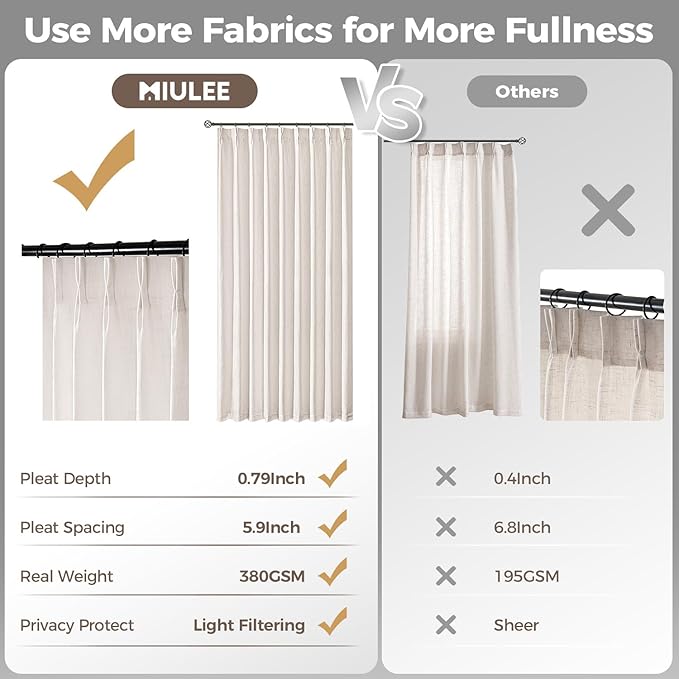 MIULEE Pinch Pleated Thick Linen Curtains 96 Inches Long 2 Panels for Living Room Bedroom, Memory Trained Pleat Drapes Light Filtering Natural Birch Semi Sheer Window Curtains Hooks Rings Back Tab