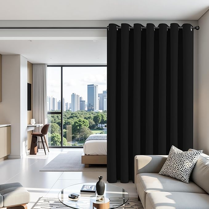 Joydeco Blackout Patio Sliding Door Curtains 84 Inches Long, Grommet Privacy Room Divider Curtains, Extra Wide Thermal Blackout Drapes for Bedroom Living Room (Black, 80Wx84L, 1 Panel)