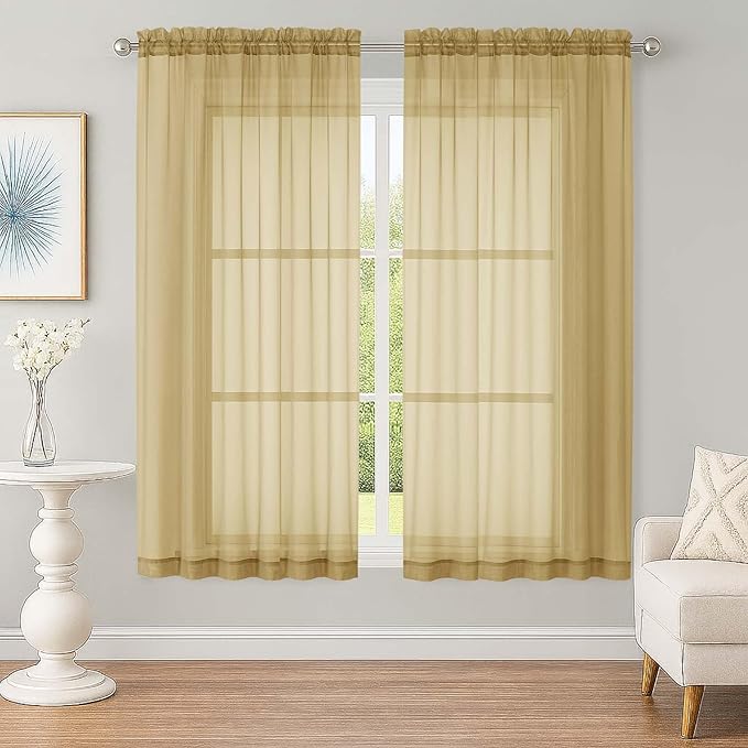 OWENIE Sheer Gold Curtains, Sheer Curtains 63 inch Length 2 Panels Set, Rod Pocket Voile Fimly Sheer Drapes for Living Room Bedroom, 2pcs, Gold, Each 59" W x 63" L