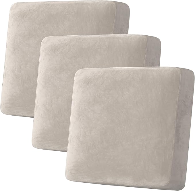 H.VERSAILTEX Velvet Stretch Couch Cushion Cover Plush Cushion Slipcover for Chair Loveseat Sofa Cushion Furniture Protector Seat Cushion Sofa Cover (3 Piece XL Sofa Cushion Covers, French Oak)