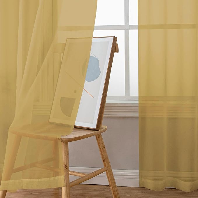 Chyhomenyc Gold Sheer Curtains 96 inches Long 2 Panels, Light Filtering Soft Airy Solid Elegant Voile Window Treatment Drapes for Bedroom Living Room Wedding Party Decor, 42 Wx96 L, 8FT L