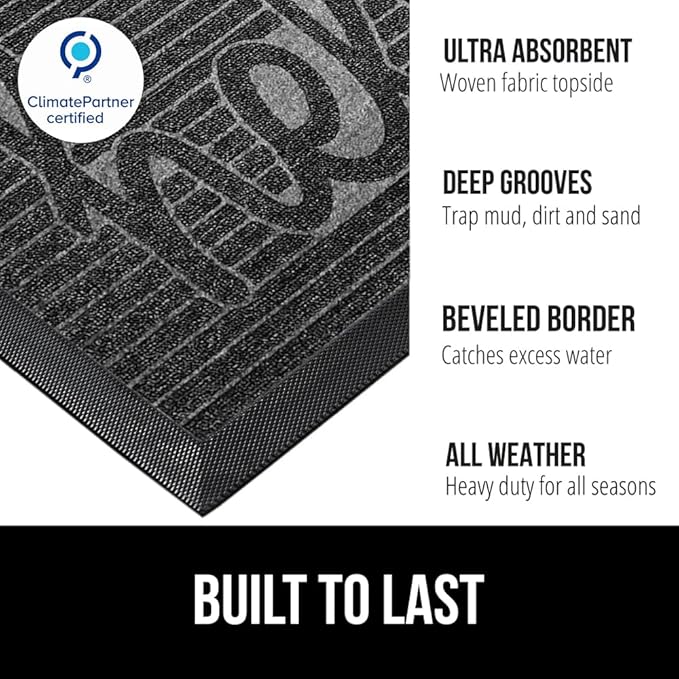 GORILLA GRIP 100% Waterproof All-Season WeatherMAX Doormat, 47x35, US Designed Natural Rubber, Stain and Fade Resistant, Low Profile Indoor Outdoor Door Mats, Easy Clean Patio Mat, Charcoal Hello